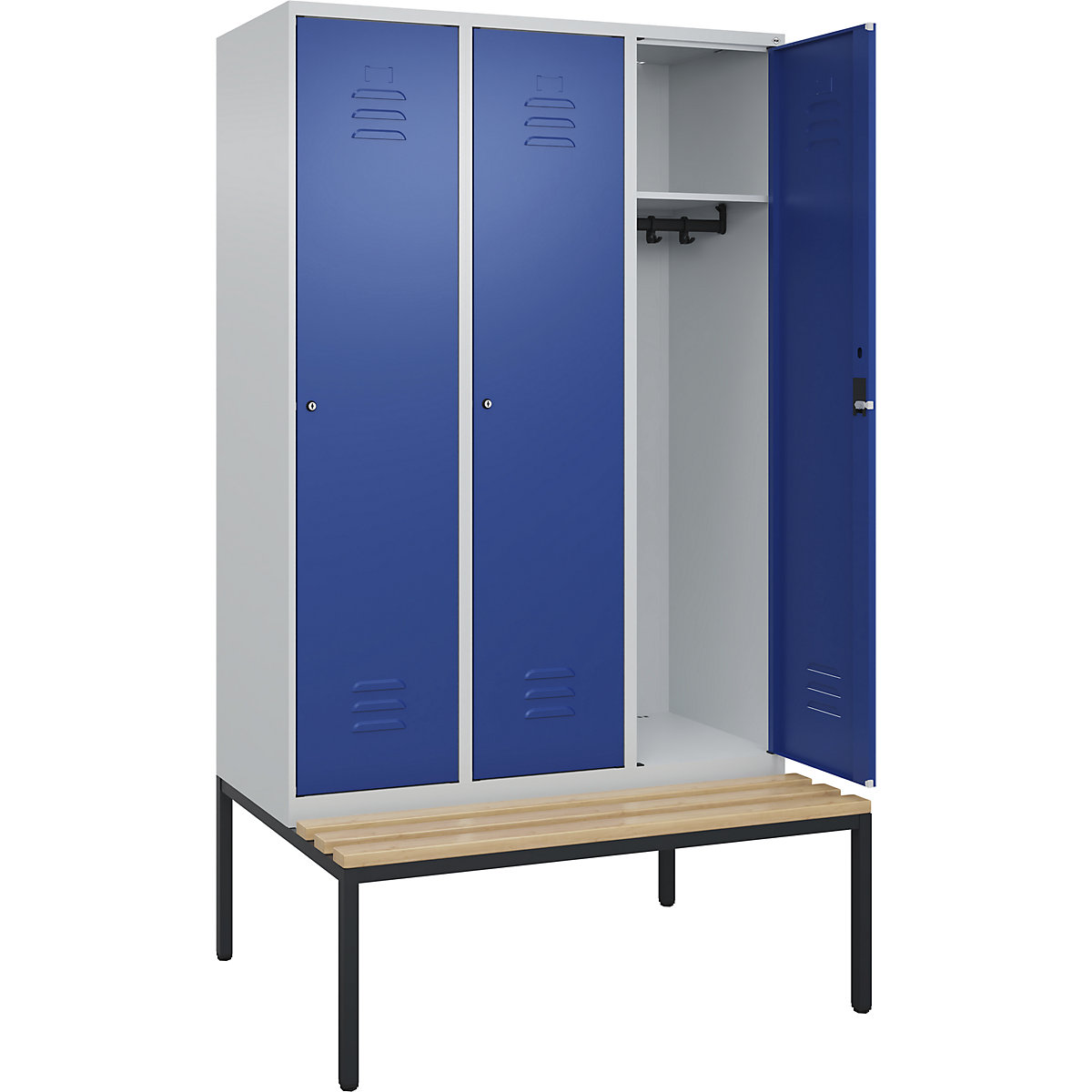 Armadietto Classic PLUS con panca – C+P, 3 scomparti, grigio chiaro / blu genziana, largh. 1200 mm, serratura a cilindro, panca integrata, legno duro di faggio-0