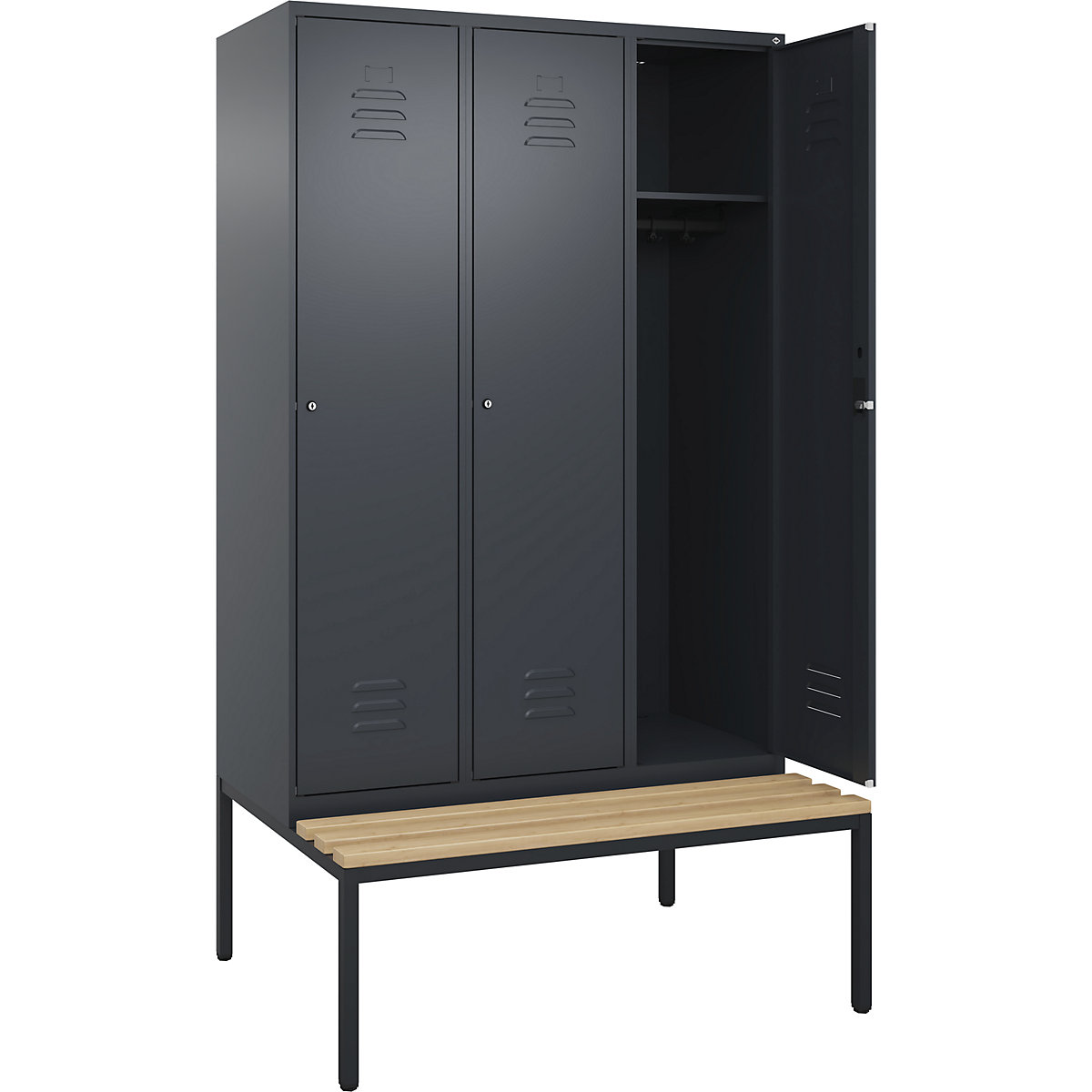 Armadietto Classic PLUS con panca – C+P, 3 scomparti, grigio, largh. 1200 mm, serratura a cilindro, panca integrata, legno duro di faggio-0