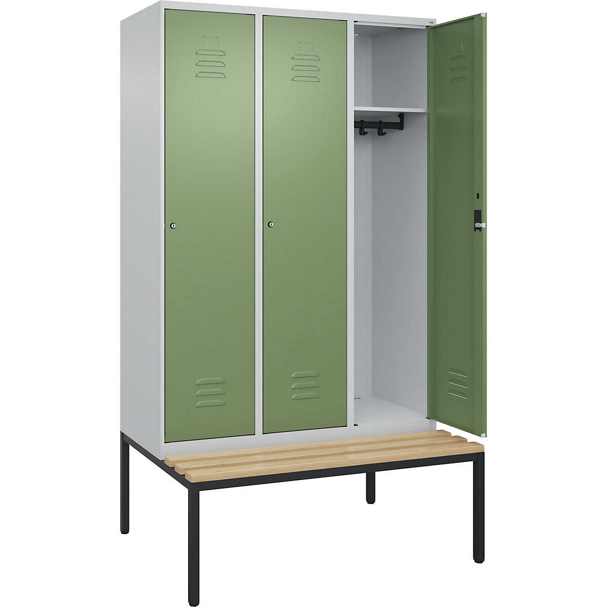 Armadietto Classic PLUS con panca – C+P, 3 scomparti, grigio chiaro / verde reseda, largh. 1200 mm, serratura a cilindro, panca integrata, legno duro di faggio-0