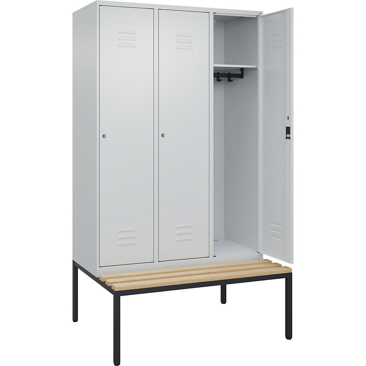 Armadietto Classic PLUS con panca – C+P, 3 scomparti, grigio chiaro, largh. 1200 mm, serratura a cilindro, panca integrata, legno duro di faggio-0