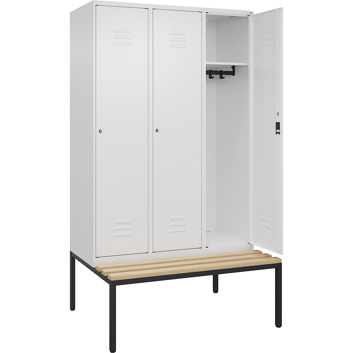 Armadietto Classic PLUS con panca – C+P, 3 scomparti, bianco traffico, largh. 1200 mm, serratura a cilindro, panca integrata, legno duro di faggio-0
