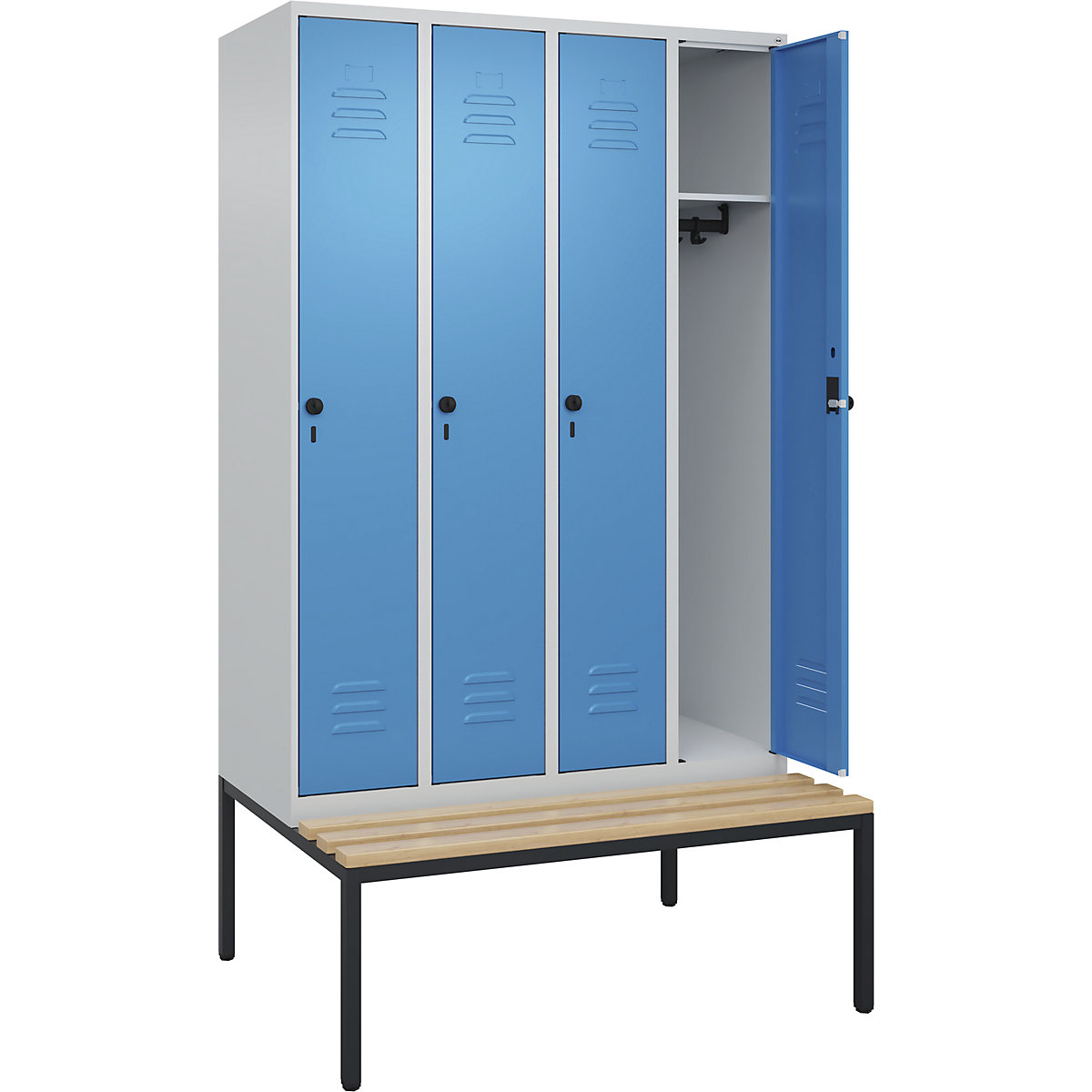 Armadietto Classic PLUS con panca – C+P, 4 scomparti, grigio chiaro / blu chiaro, largh. 1200 mm, serratura girevole di sicurezza, panca integrata, legno duro di faggio-0