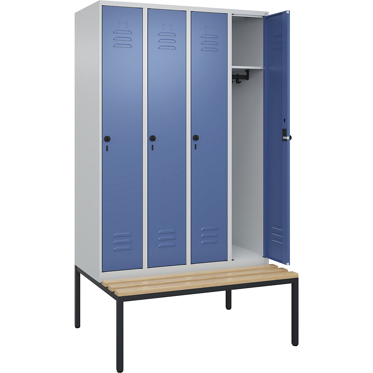 Armadietto Classic PLUS con panca – C+P, 4 scomparti, grigio chiaro / indaco, largh. 1200 mm, serratura girevole di sicurezza, panca integrata, legno duro di faggio-0
