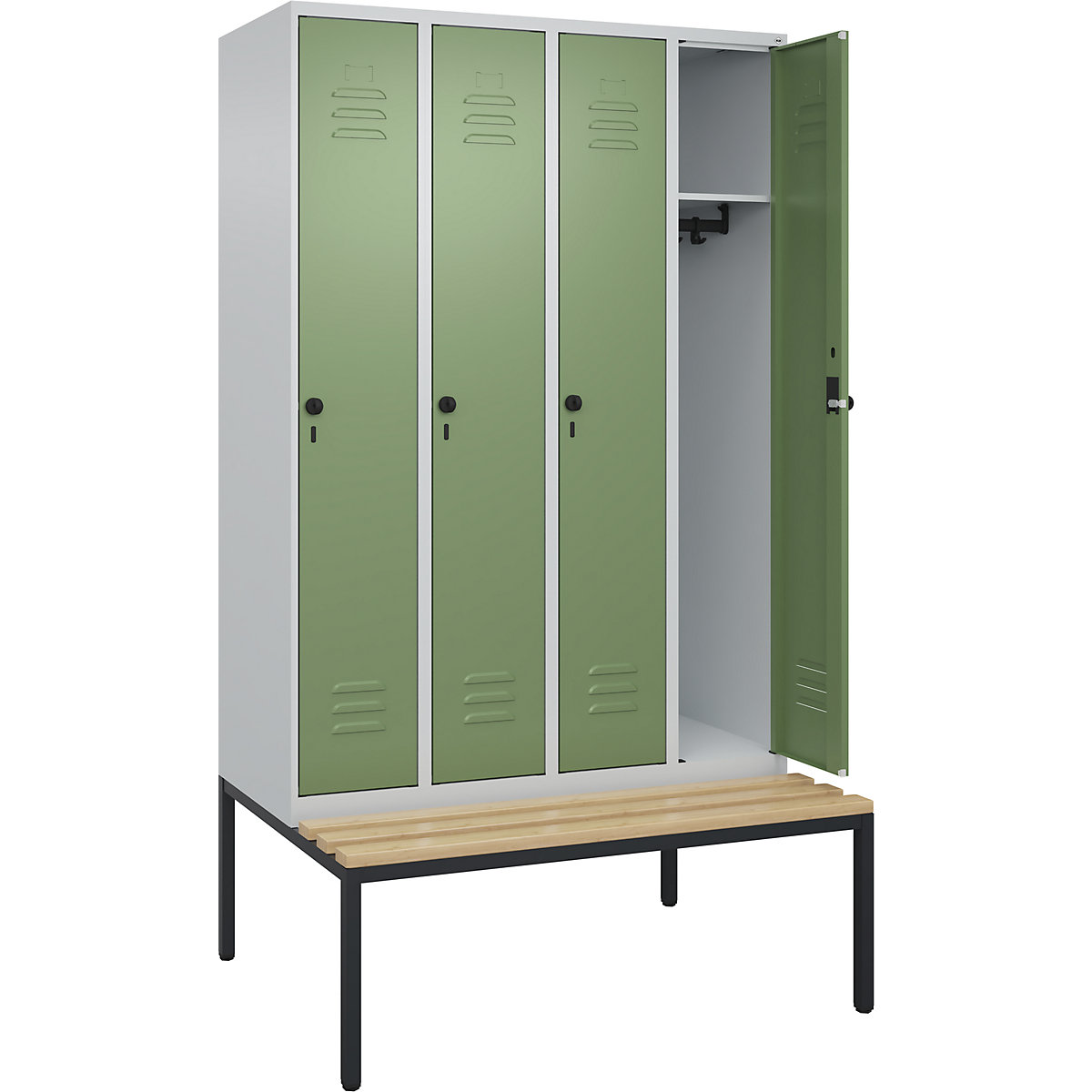 Armadietto Classic PLUS con panca – C+P, 4 scomparti, grigio chiaro / verde reseda, largh. 1200 mm, serratura girevole di sicurezza, panca integrata, legno duro di faggio-0