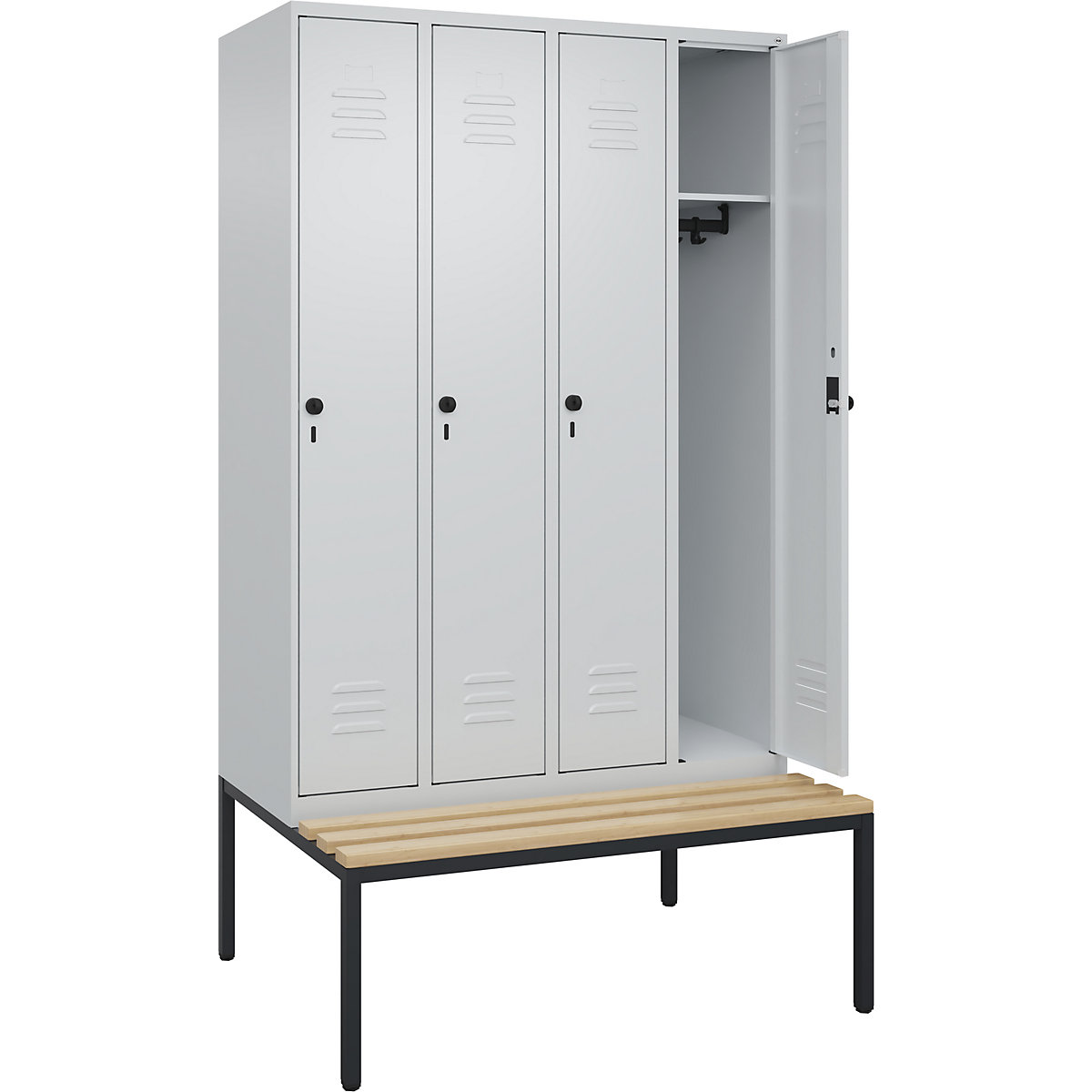 Armadietto Classic PLUS con panca – C+P, 4 scomparti, grigio chiaro, largh. 1200 mm, serratura girevole di sicurezza, panca integrata, legno duro di faggio-0