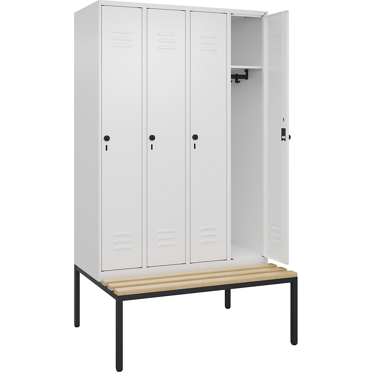 Armadietto Classic PLUS con panca – C+P, 4 scomparti, bianco traffico, largh. 1200 mm, serratura girevole di sicurezza, panca integrata, legno duro di faggio-0