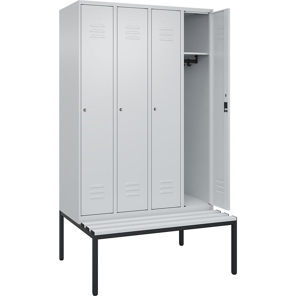 Armadietto Classic PLUS con panca – C+P, 4 scomparti, grigio chiaro, largh. 1200 mm, serratura a cilindro, panca integrata, plastica-0
