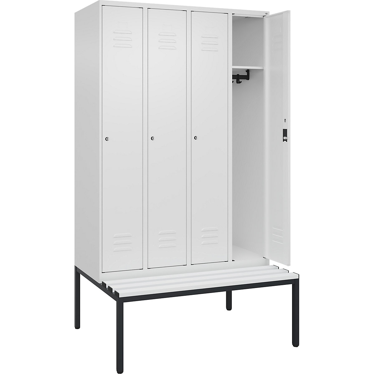 Armadietto Classic PLUS con panca – C+P, 4 scomparti, bianco traffico, largh. 1200 mm, serratura a cilindro, panca integrata, plastica-0