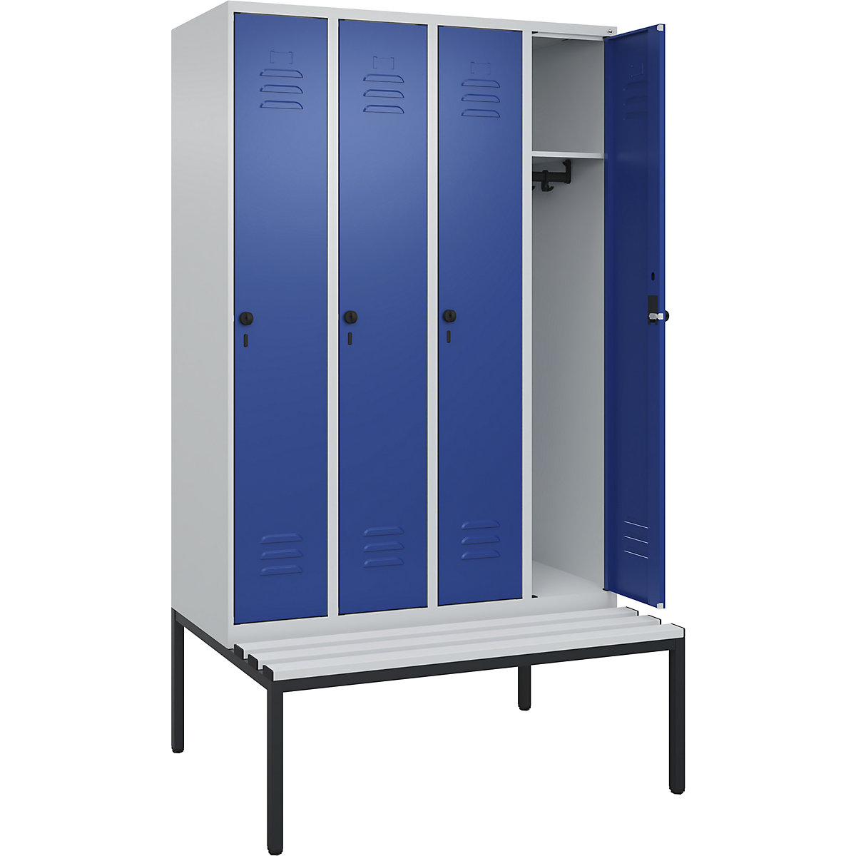 Armadietto Classic PLUS con panca – C+P, 4 scomparti, grigio chiaro / blu genziana, largh. 1200 mm, serratura girevole di sicurezza, panca integrata, plastica-0