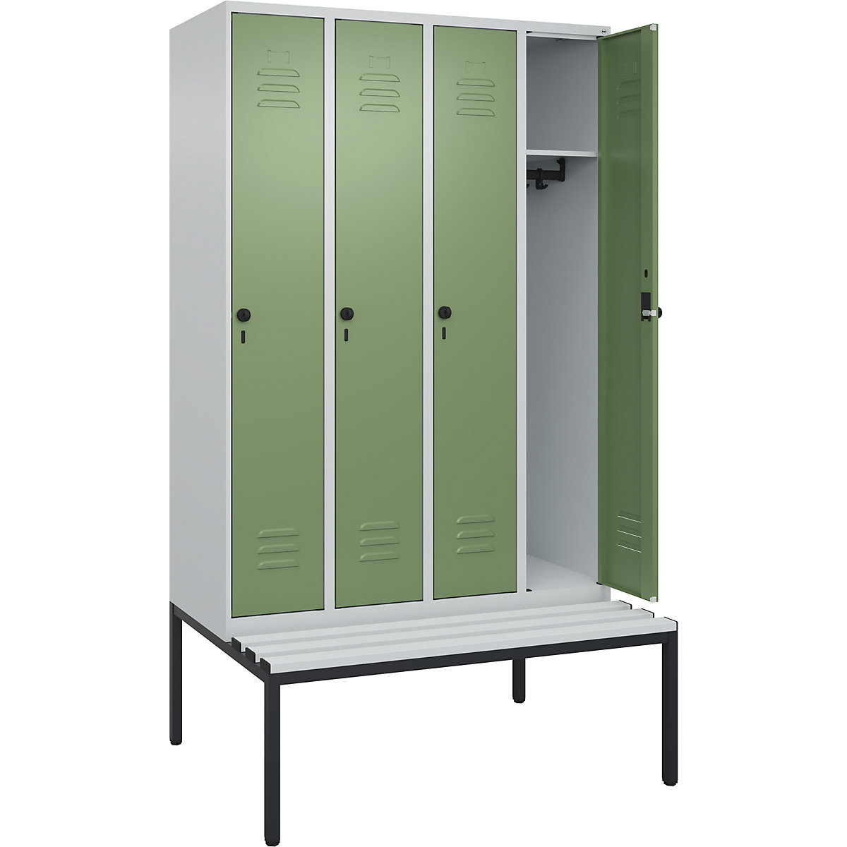 Armadietto Classic PLUS con panca – C+P, 4 scomparti, grigio chiaro / verde reseda, largh. 1200 mm, serratura girevole di sicurezza, panca integrata, plastica-0