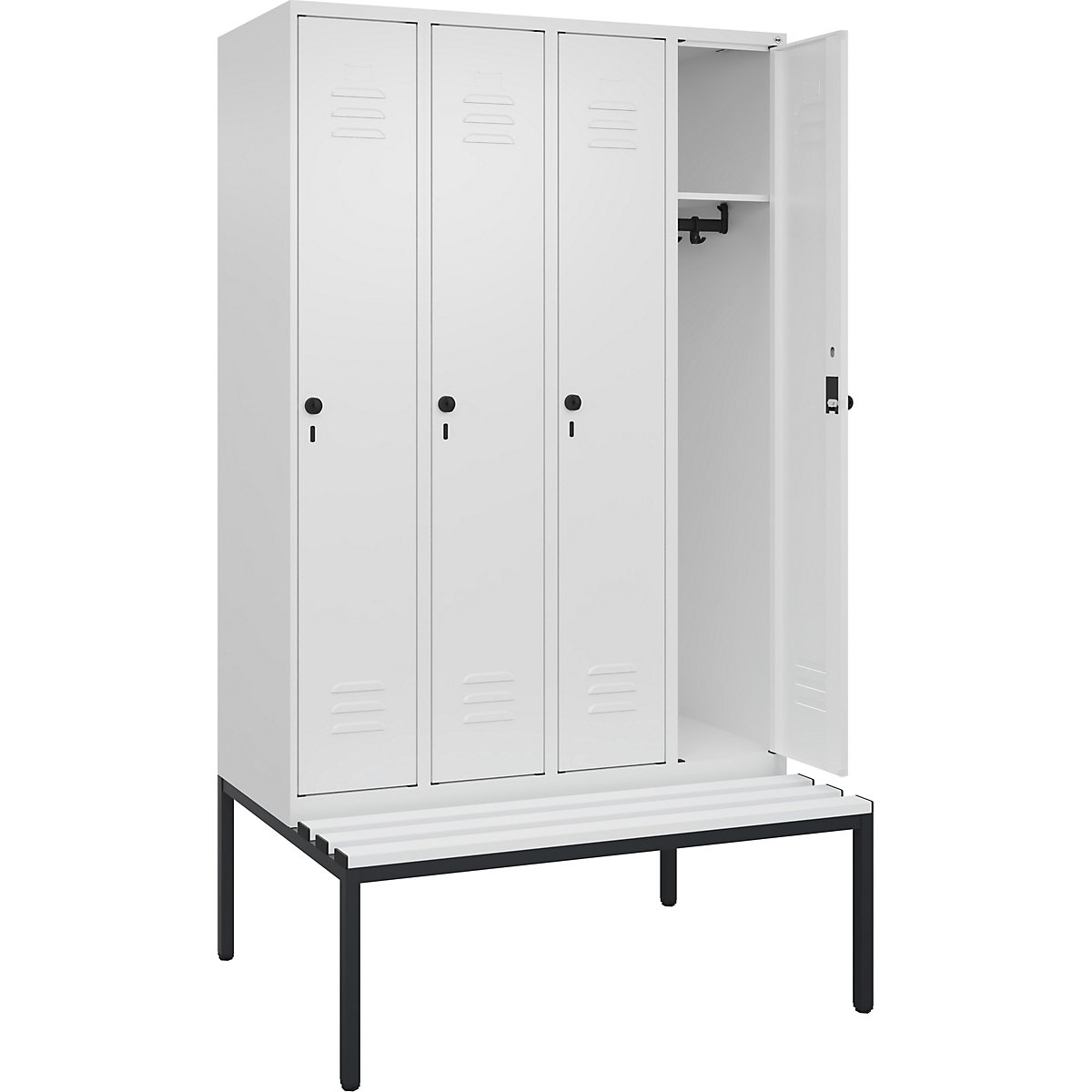 Armadietto Classic PLUS con panca – C+P, 4 scomparti, bianco traffico, largh. 1200 mm, serratura girevole di sicurezza, panca integrata, plastica-0