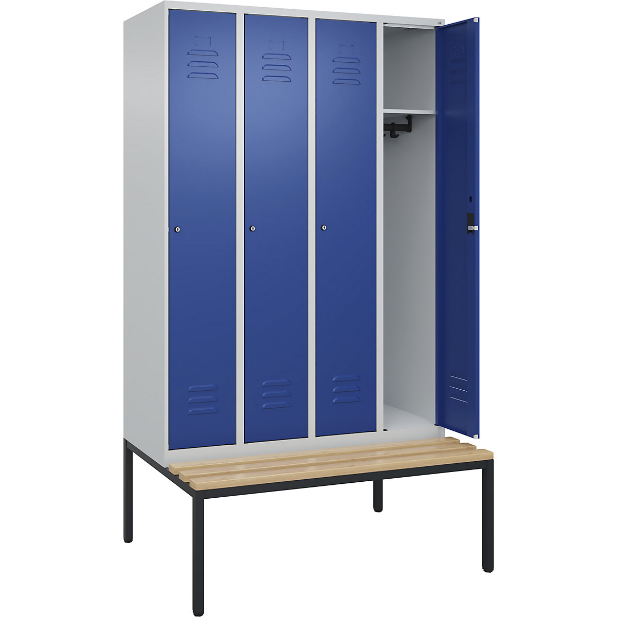 Armadietto Classic PLUS con panca – C+P, 4 scomparti, grigio chiaro / blu genziana, largh. 1200 mm, serratura a cilindro, panca integrata, legno duro di faggio-0