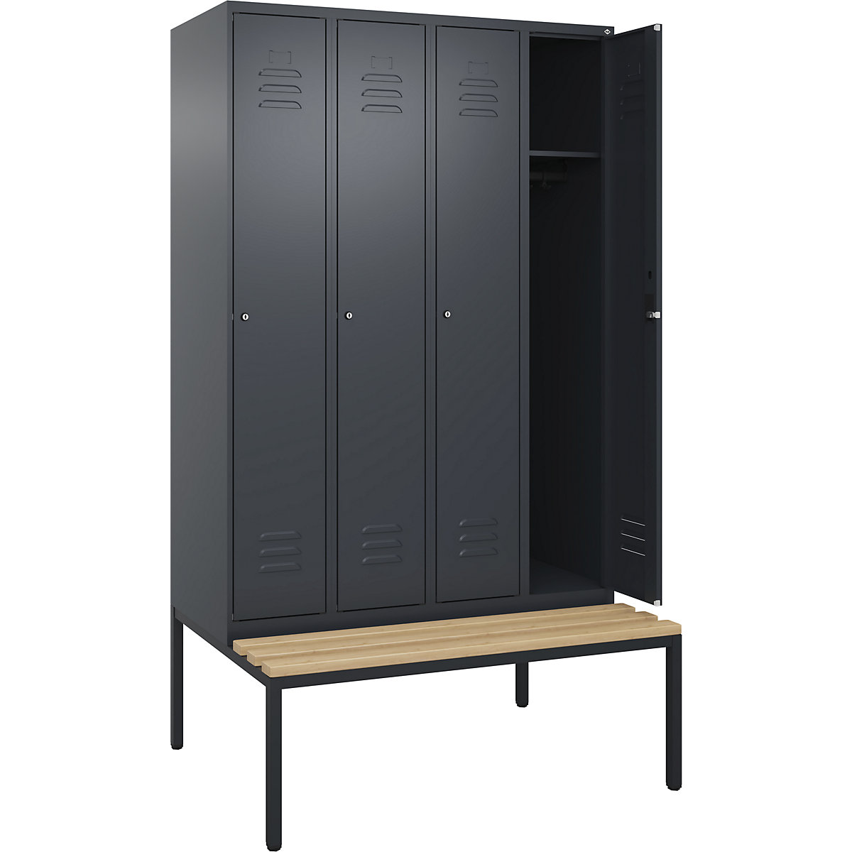 Armadietto Classic PLUS con panca – C+P, 4 scomparti, grigio, largh. 1200 mm, serratura a cilindro, panca integrata, legno duro di faggio-0