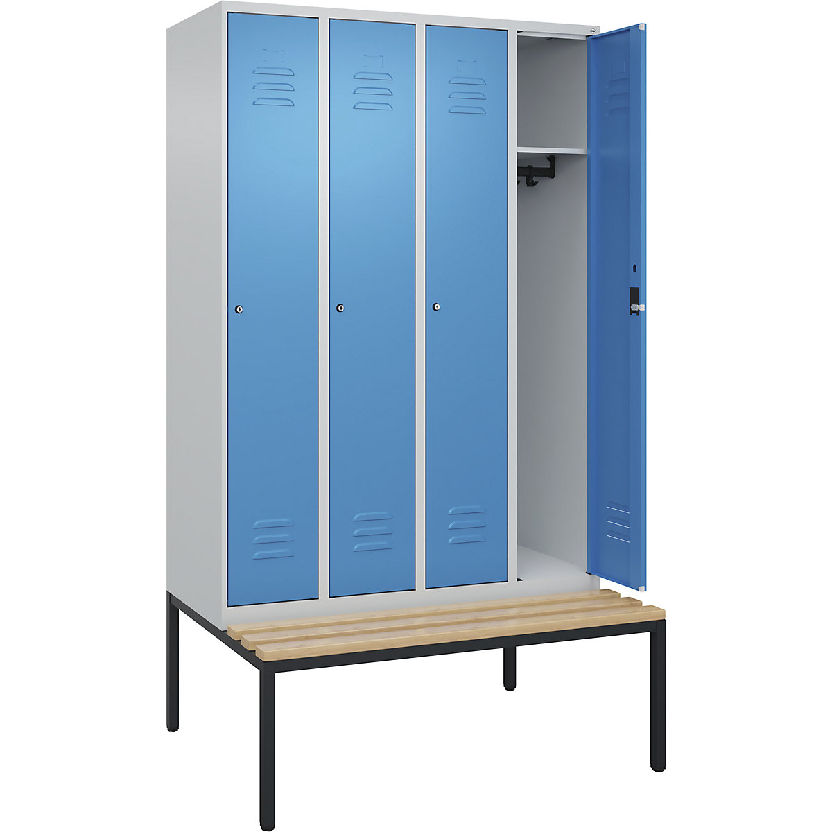 Armadietto Classic PLUS con panca – C+P, 4 scomparti, grigio chiaro / blu chiaro, largh. 1200 mm, serratura a cilindro, panca integrata, legno duro di faggio-0