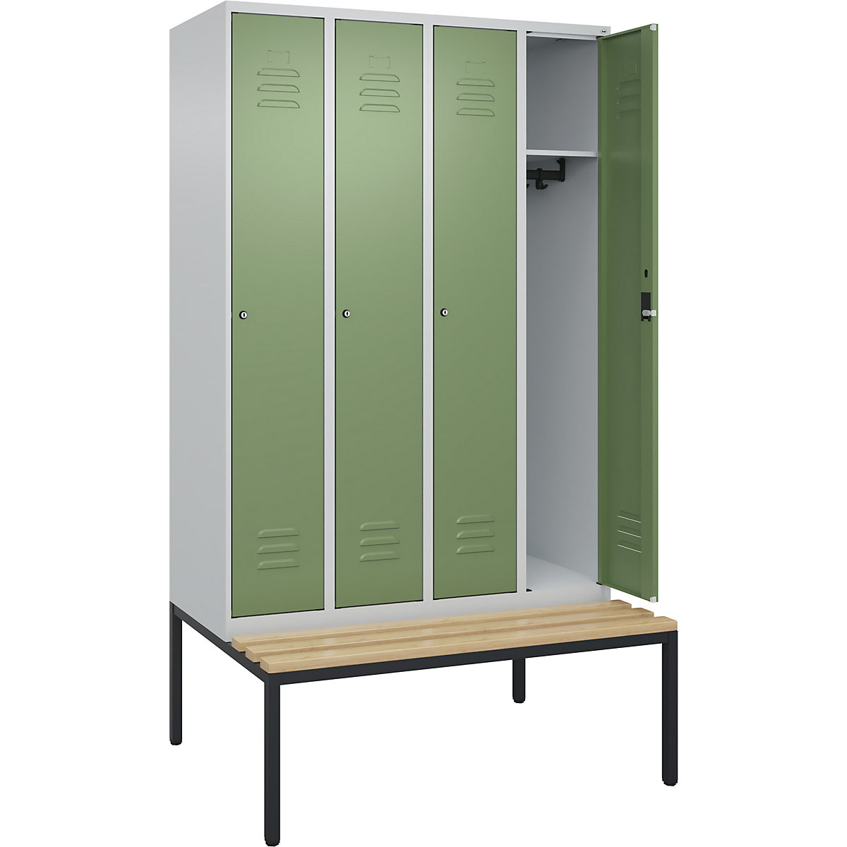 Armadietto Classic PLUS con panca – C+P, 4 scomparti, grigio chiaro / verde reseda, largh. 1200 mm, serratura a cilindro, panca integrata, legno duro di faggio-0