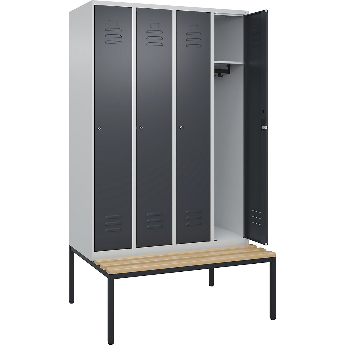 Armadietto Classic PLUS con panca – C+P, 4 scomparti, grigio chiaro / grigio, largh. 1200 mm, serratura a cilindro, panca integrata, legno duro di faggio-0