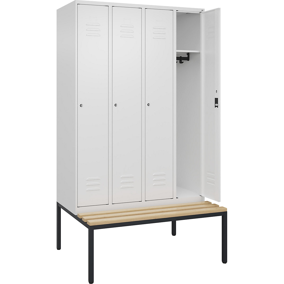Armadietto Classic PLUS con panca – C+P, 4 scomparti, bianco traffico, largh. 1200 mm, serratura a cilindro, panca integrata, legno duro di faggio-0