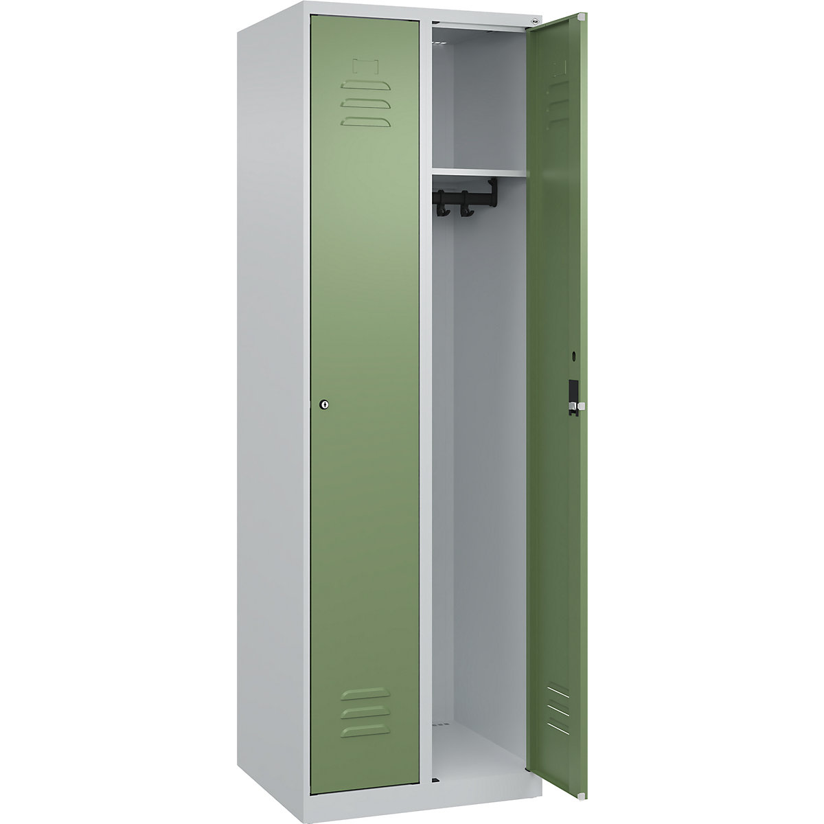 Armadietto Classic PLUS – C+P, 2 scomparti, grigio chiaro / verde reseda, largh. 600 mm, con piedini a pavimento, serratura a cilindro-0