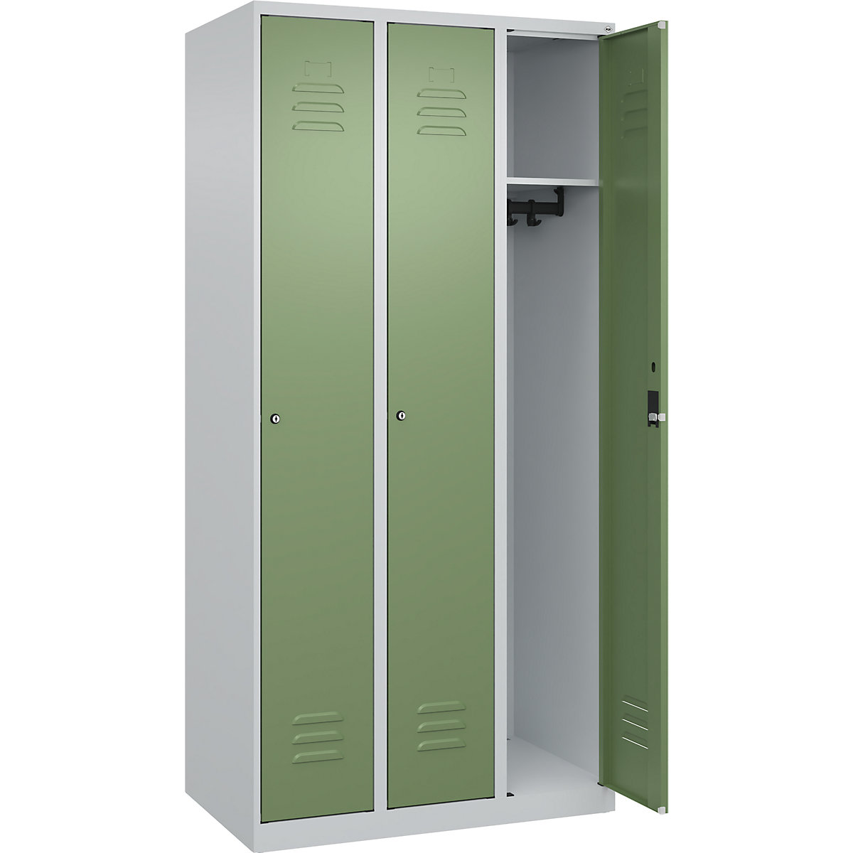 Armadietto Classic PLUS – C+P, 3 scomparti, grigio chiaro / verde reseda, largh. 900 mm, con piedini a pavimento, serratura a cilindro-0