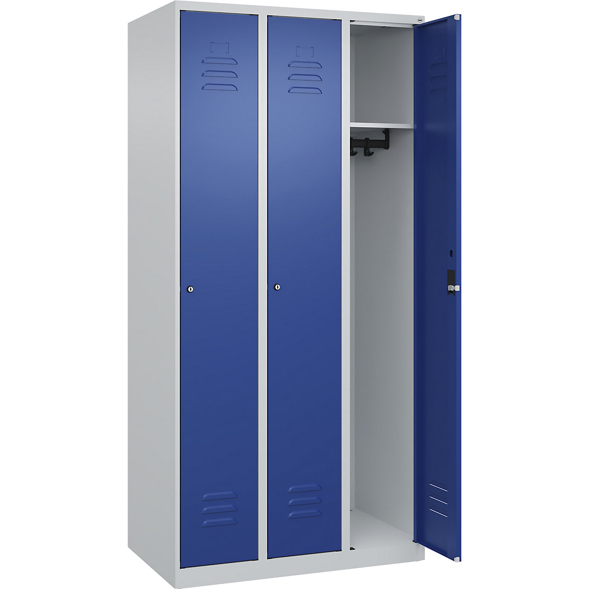 Armadietto Classic PLUS – C+P, 3 scomparti, grigio chiaro / blu genziana, largh. 900 mm, con piedini a pavimento, serratura a cilindro-0
