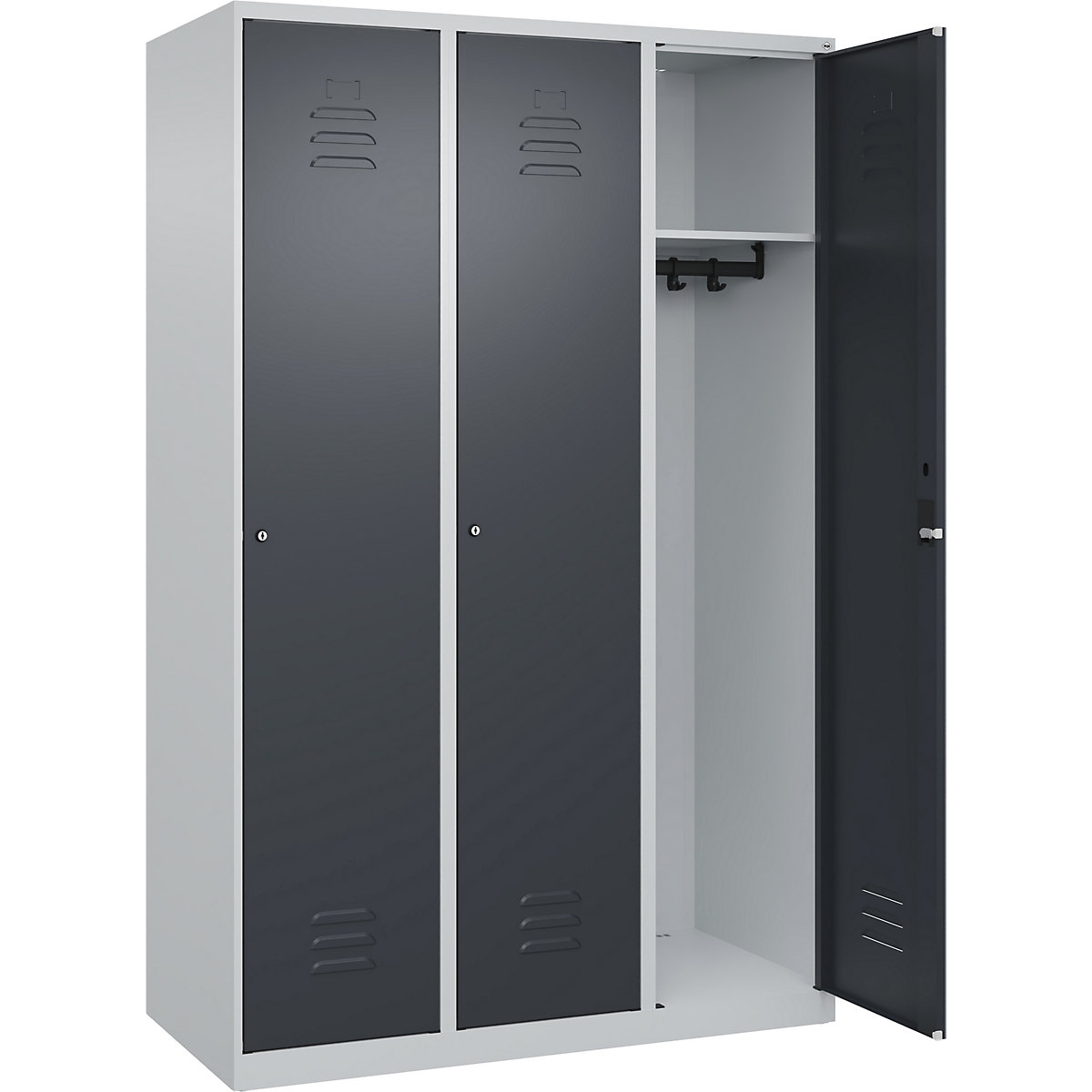 Armadietto Classic PLUS – C+P, 3 scomparti, grigio chiaro / grigio, largh. 1200 mm, con piedini a pavimento, serratura a cilindro-0