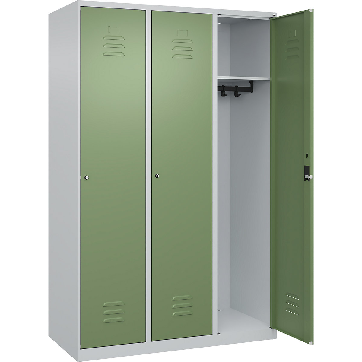 Armadietto Classic PLUS – C+P, 3 scomparti, grigio chiaro / verde reseda, largh. 1200 mm, con piedini a pavimento, serratura a cilindro-0