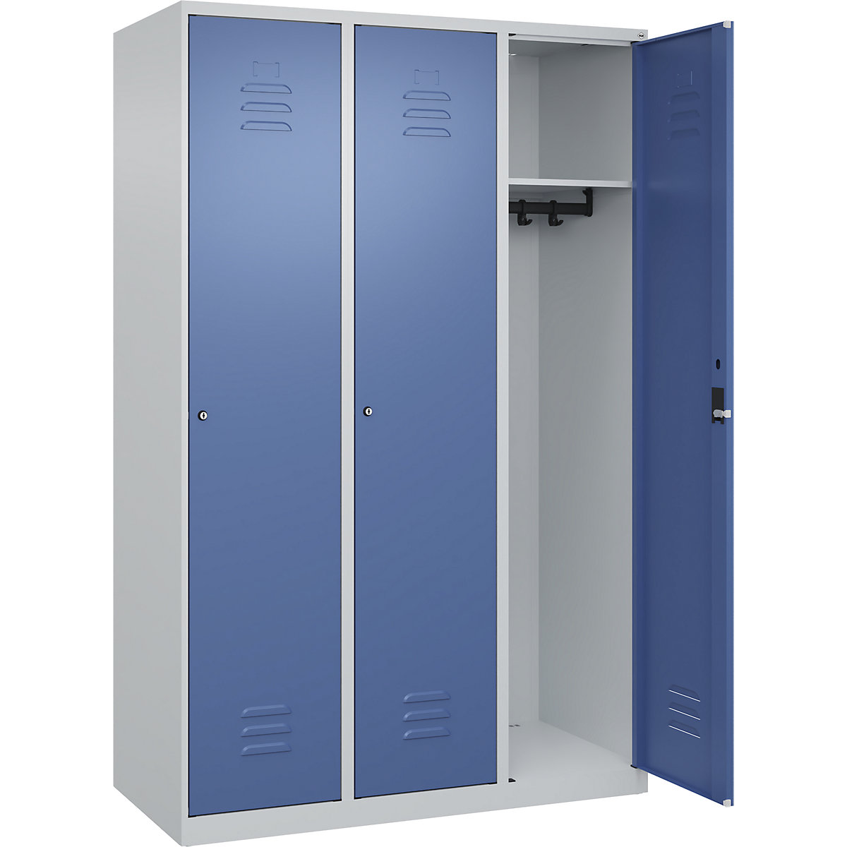 Armadietto Classic PLUS – C+P, 3 scomparti, grigio chiaro / indaco, largh. 1200 mm, con piedini a pavimento, serratura a cilindro-0