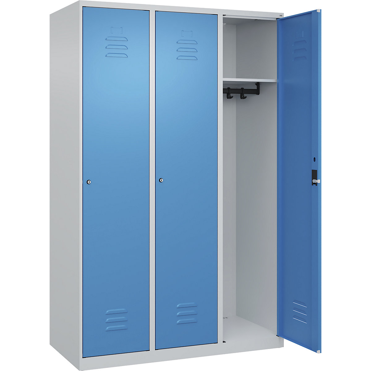 Armadietto Classic PLUS – C+P, 3 scomparti, grigio chiaro / blu chiaro, largh. 1200 mm, con piedini a pavimento, serratura a cilindro-0