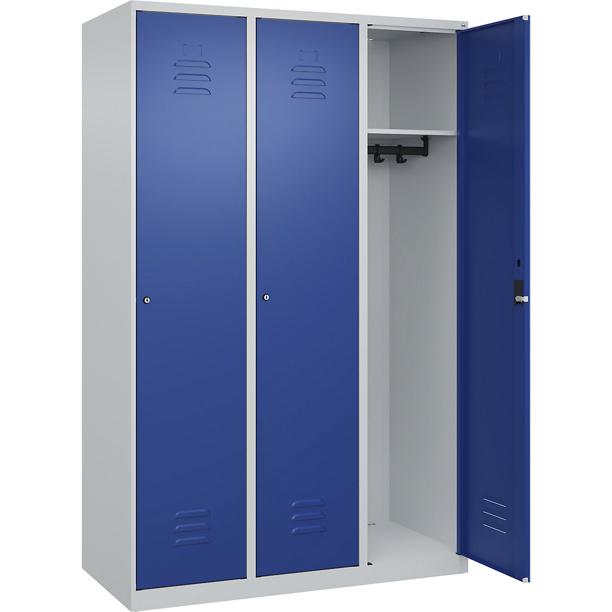 Armadietto Classic PLUS – C+P, 3 scomparti, grigio chiaro / blu genziana, largh. 1200 mm, con piedini a pavimento, serratura a cilindro-0