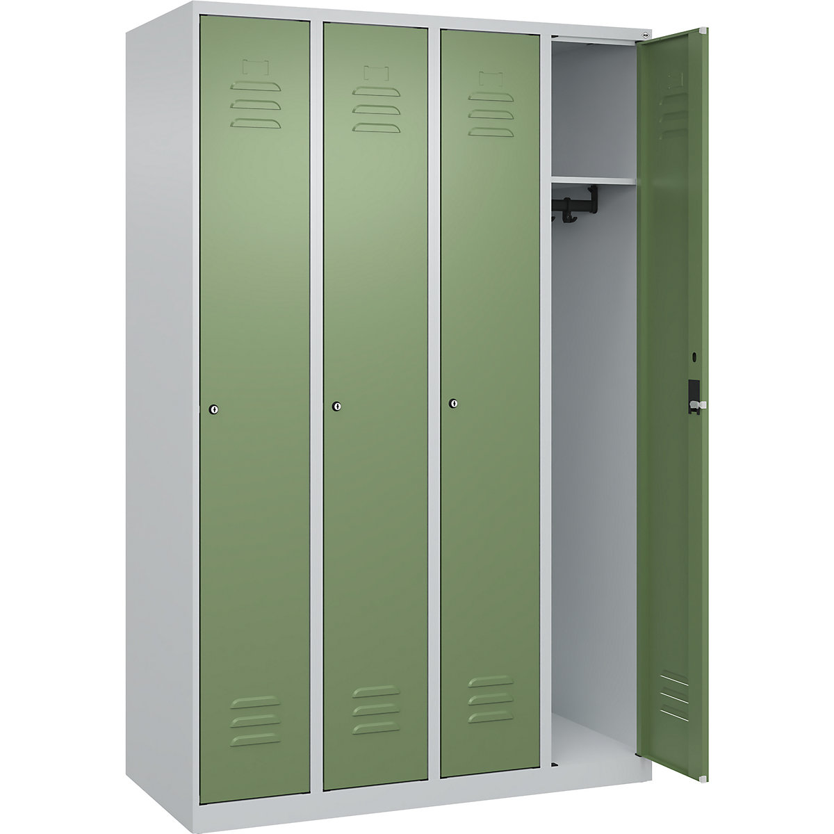 Armadietto Classic PLUS – C+P, 4 scomparti, grigio chiaro / verde reseda, largh. 1200 mm, con piedini a pavimento, serratura a cilindro-0