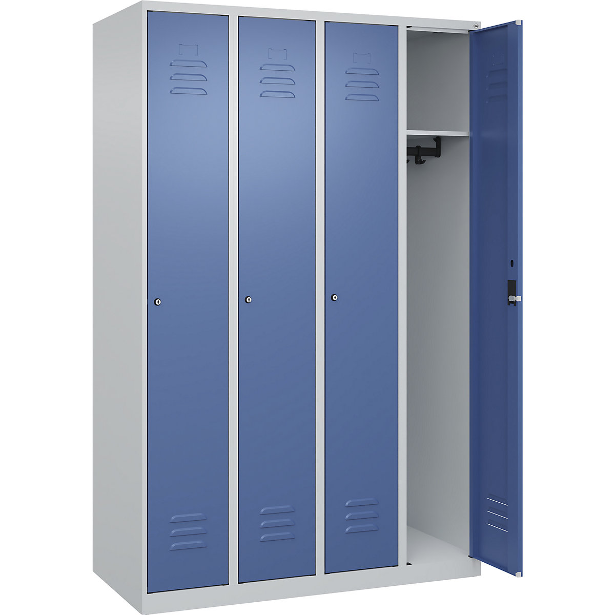 Armadietto Classic PLUS – C+P, 4 scomparti, grigio chiaro / indaco, largh. 1200 mm, con piedini a pavimento, serratura a cilindro-0