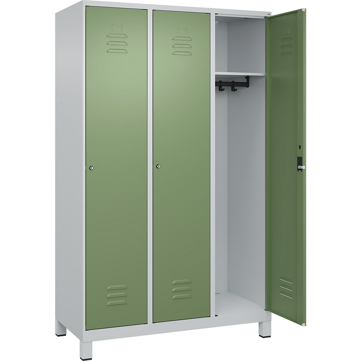 Armadietto Classic PLUS – C+P, 3 scomparti, grigio chiaro / verde reseda, largh. 1200 mm, con piedini, serratura a cilindro-0