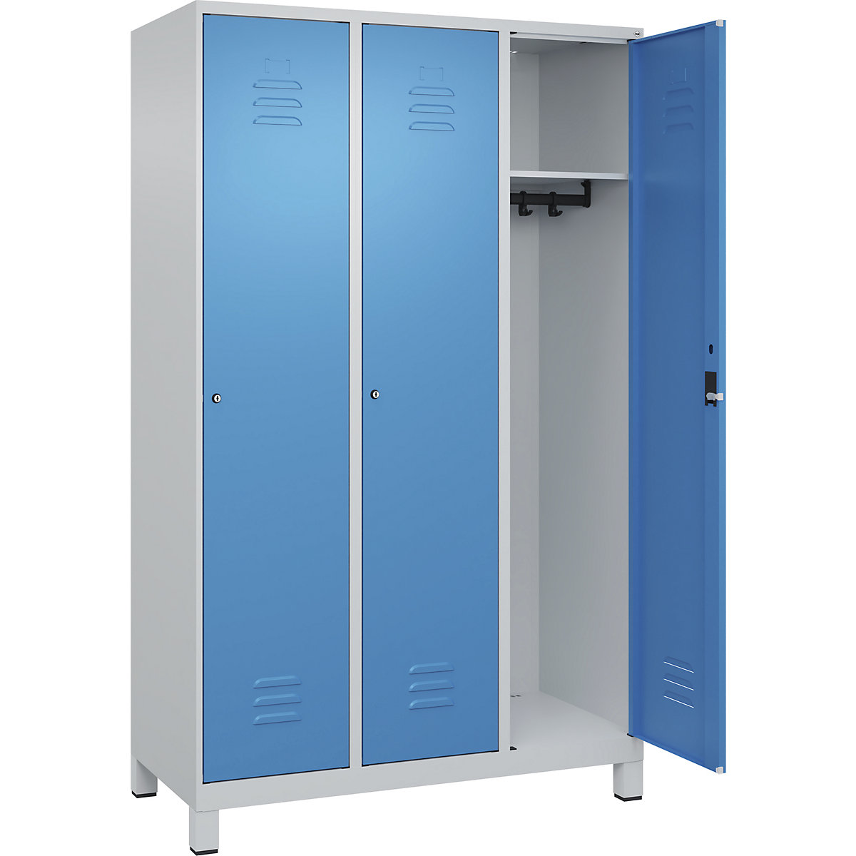 Armadietto Classic PLUS – C+P, 3 scomparti, grigio chiaro / blu chiaro, largh. 1200 mm, con piedini, serratura a cilindro-0