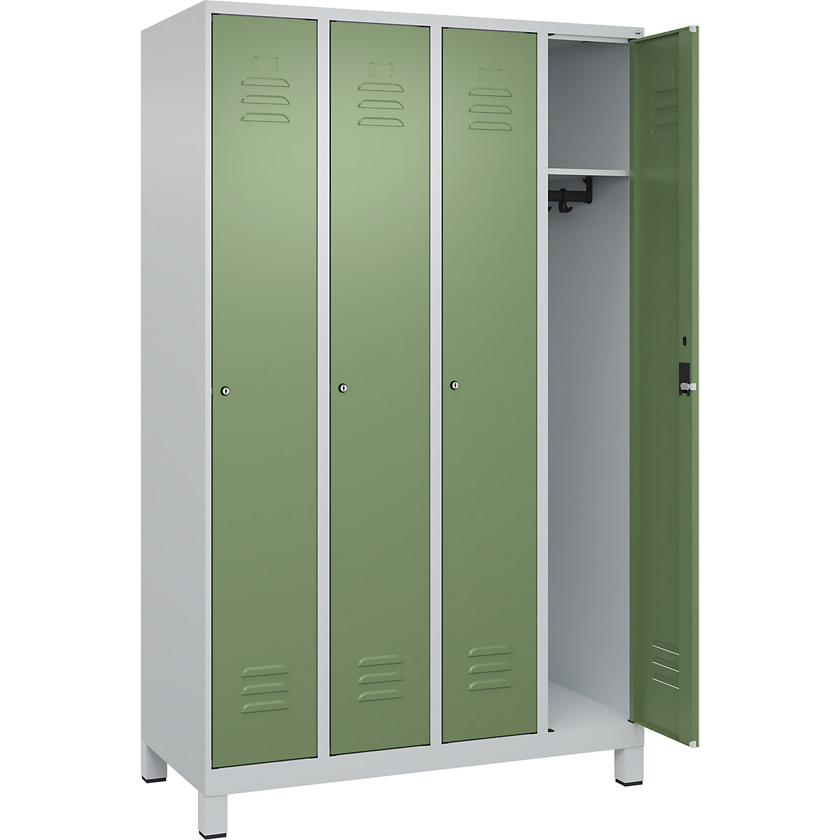 Armadietto Classic PLUS – C+P, 4 scomparti, grigio chiaro / verde reseda, largh. 1200 mm, con piedini, serratura a cilindro-0