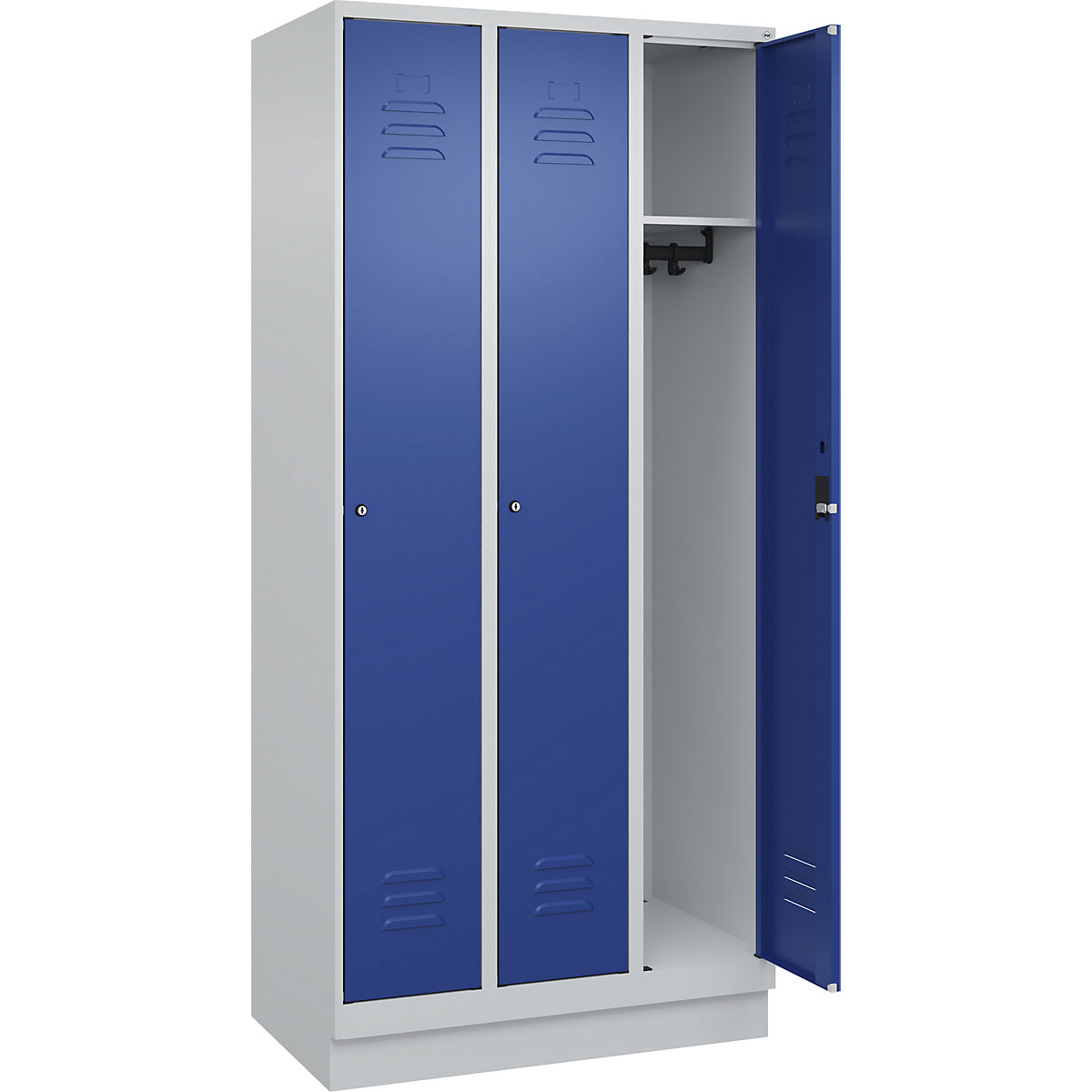 Armadietto Classic PLUS – C+P, 3 scomparti, grigio chiaro / blu genziana, largh. 900 mm, con zoccolino, serratura a cilindro-0