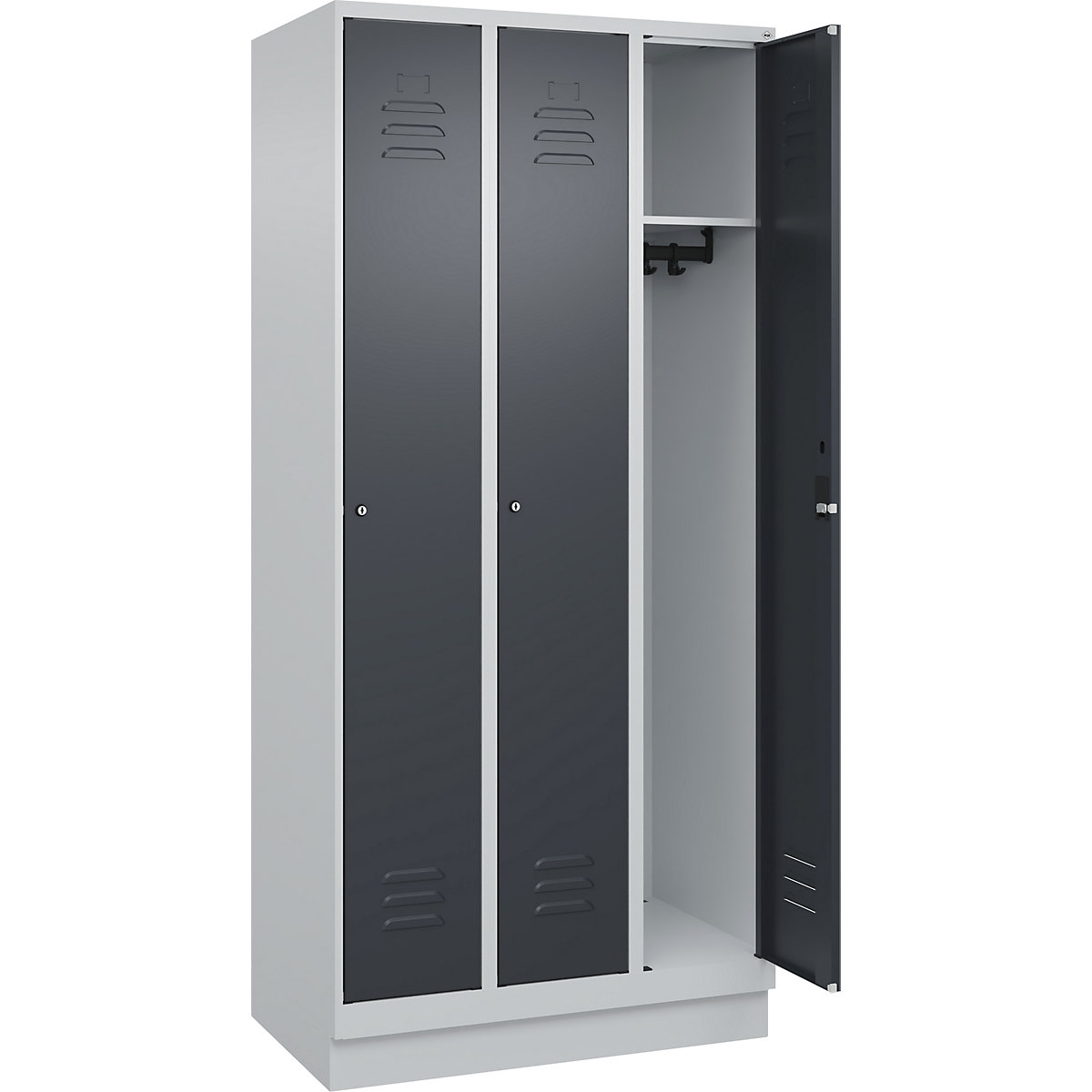 Armadietto Classic PLUS – C+P, 3 scomparti, grigio chiaro / grigio, largh. 900 mm, con zoccolino, serratura a cilindro-0