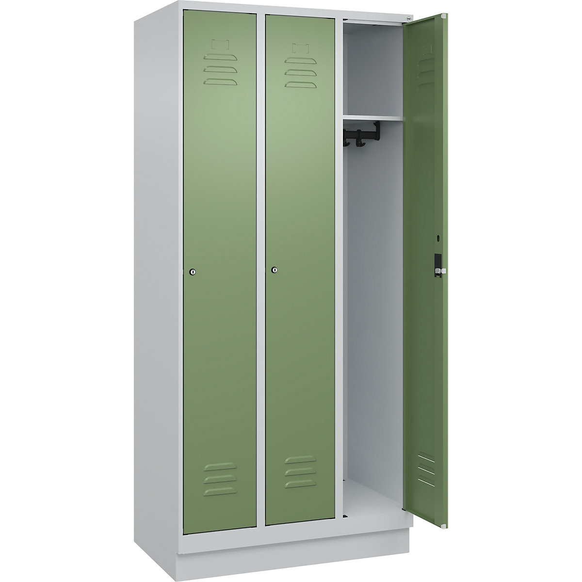 Armadietto Classic PLUS – C+P, 3 scomparti, grigio chiaro / verde reseda, largh. 900 mm, con zoccolino, serratura a cilindro-0