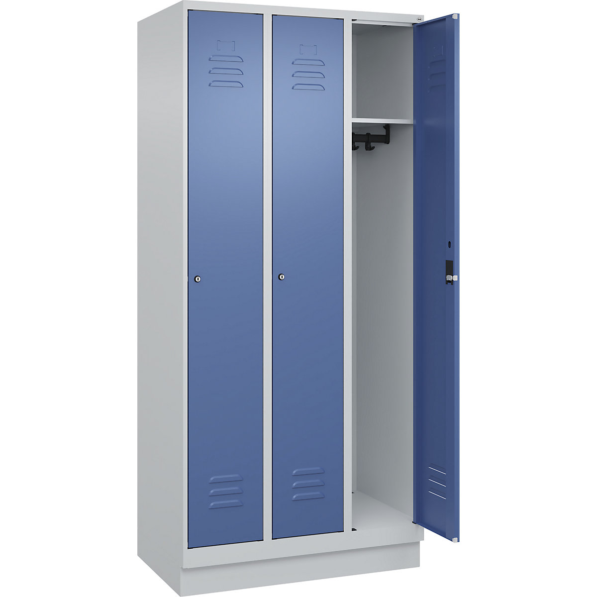 Armadietto Classic PLUS – C+P, 3 scomparti, grigio chiaro / indaco, largh. 900 mm, con zoccolino, serratura a cilindro-0