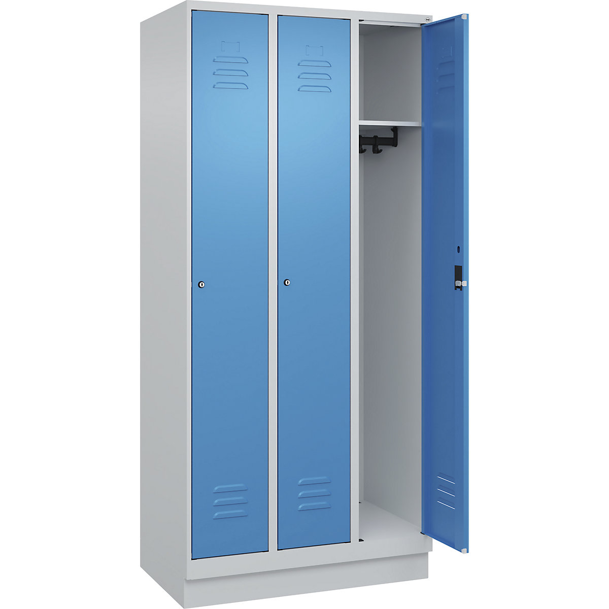 Armadietto Classic PLUS – C+P, 3 scomparti, grigio chiaro / blu chiaro, largh. 900 mm, con zoccolino, serratura a cilindro-0