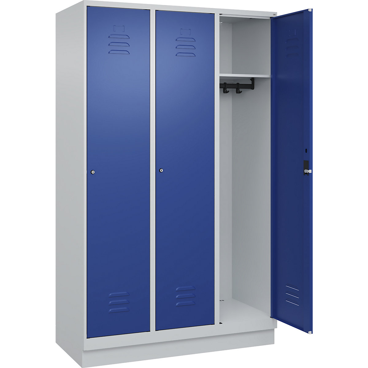 Armadietto Classic PLUS – C+P, 3 scomparti, grigio chiaro / blu genziana, largh. 1200 mm, con zoccolino, serratura a cilindro-0