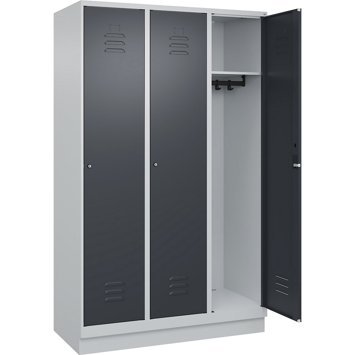 Armadietto Classic PLUS – C+P, 3 scomparti, grigio chiaro / grigio, largh. 1200 mm, con zoccolino, serratura a cilindro-0