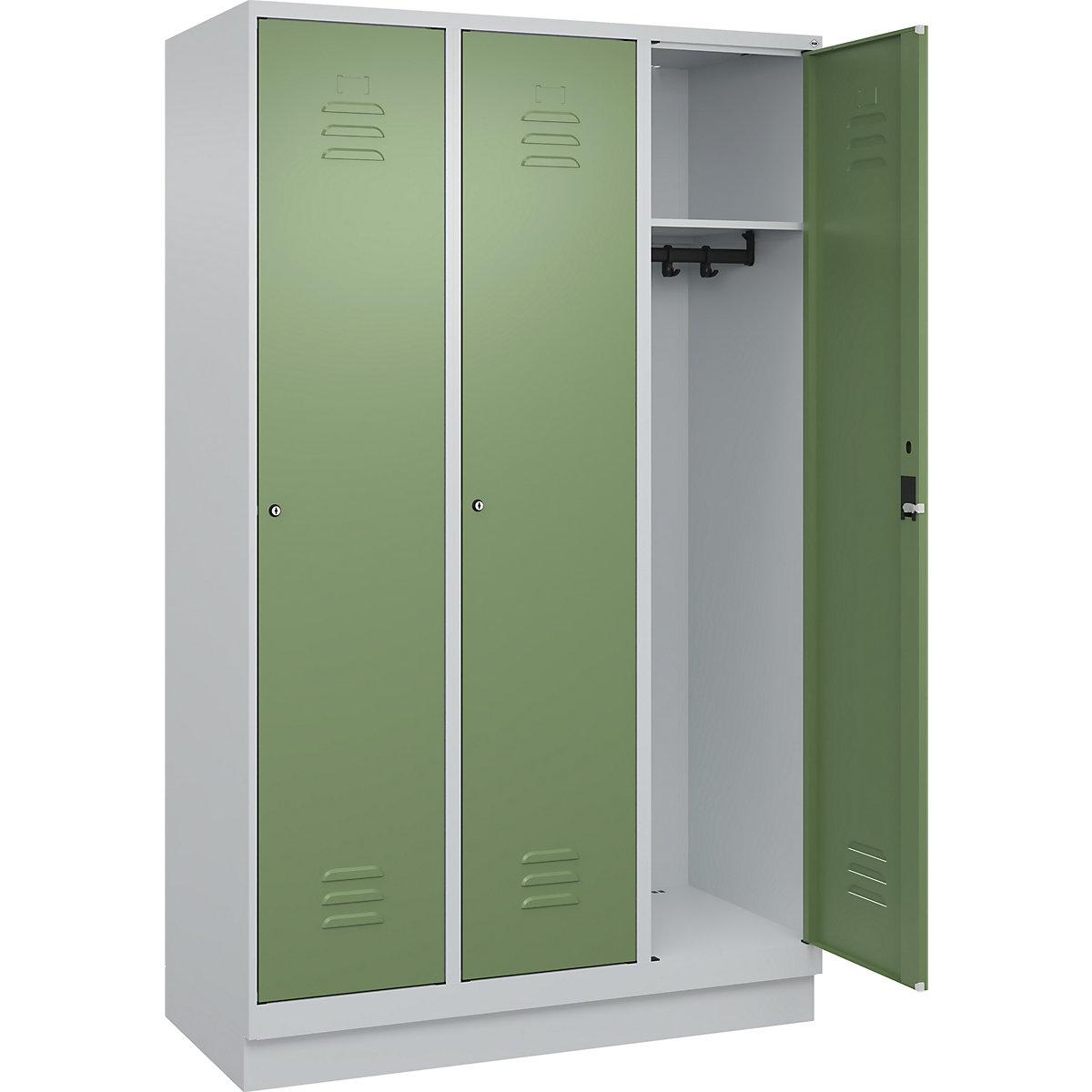 Armadietto Classic PLUS – C+P, 3 scomparti, grigio chiaro / verde reseda, largh. 1200 mm, con zoccolino, serratura a cilindro-0