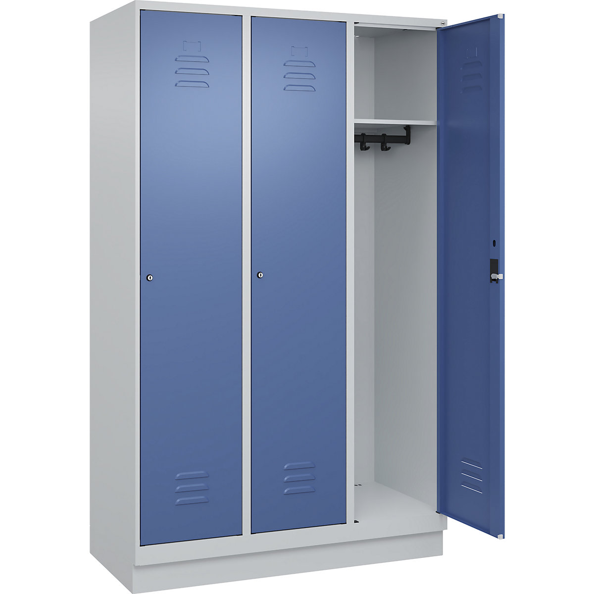 Armadietto Classic PLUS – C+P, 3 scomparti, grigio chiaro / indaco, largh. 1200 mm, con zoccolino, serratura a cilindro-0