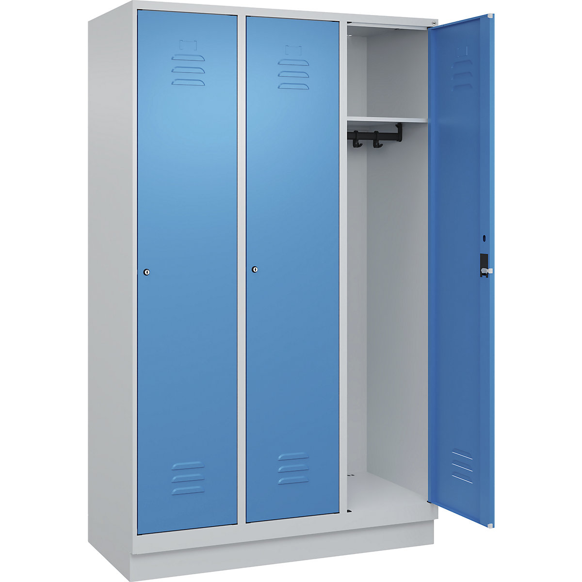 Armadietto Classic PLUS – C+P, 3 scomparti, grigio chiaro / blu chiaro, largh. 1200 mm, con zoccolino, serratura a cilindro-0