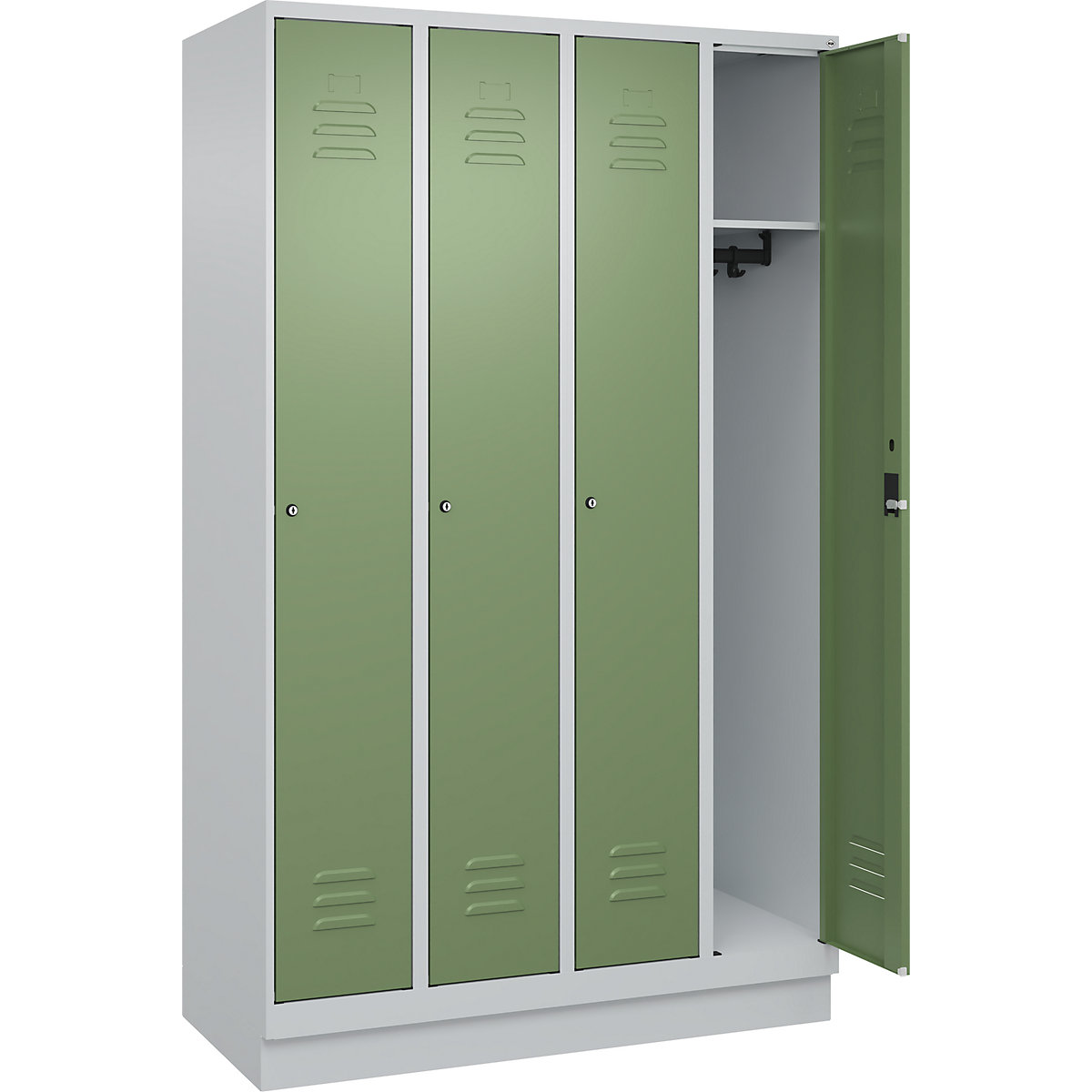 Armadietto Classic PLUS – C+P, 4 scomparti, grigio chiaro / verde reseda, largh. 1200 mm, con zoccolino, serratura a cilindro-0