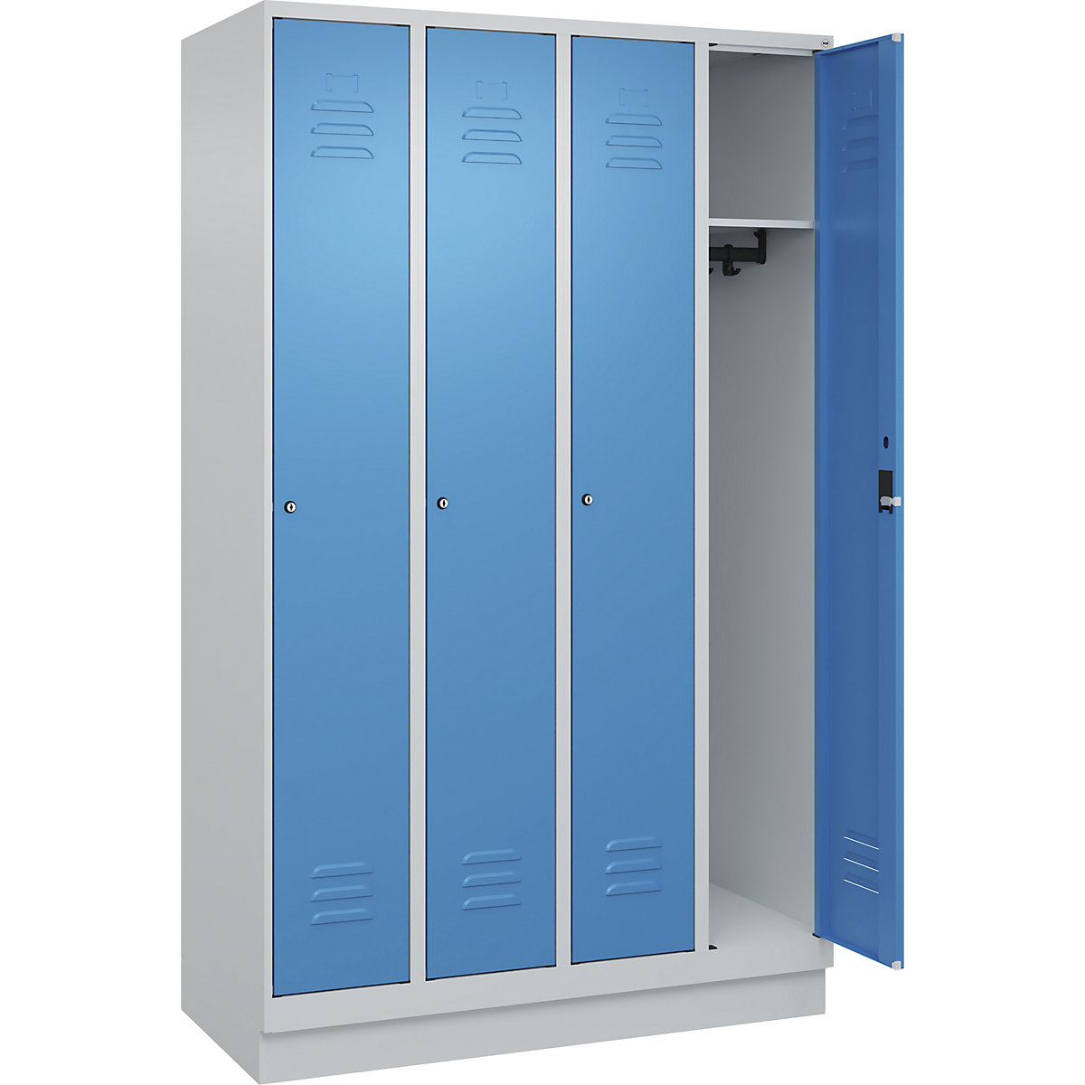 Armadietto Classic PLUS – C+P, 4 scomparti, grigio chiaro / blu chiaro, largh. 1200 mm, con zoccolino, serratura a cilindro-0