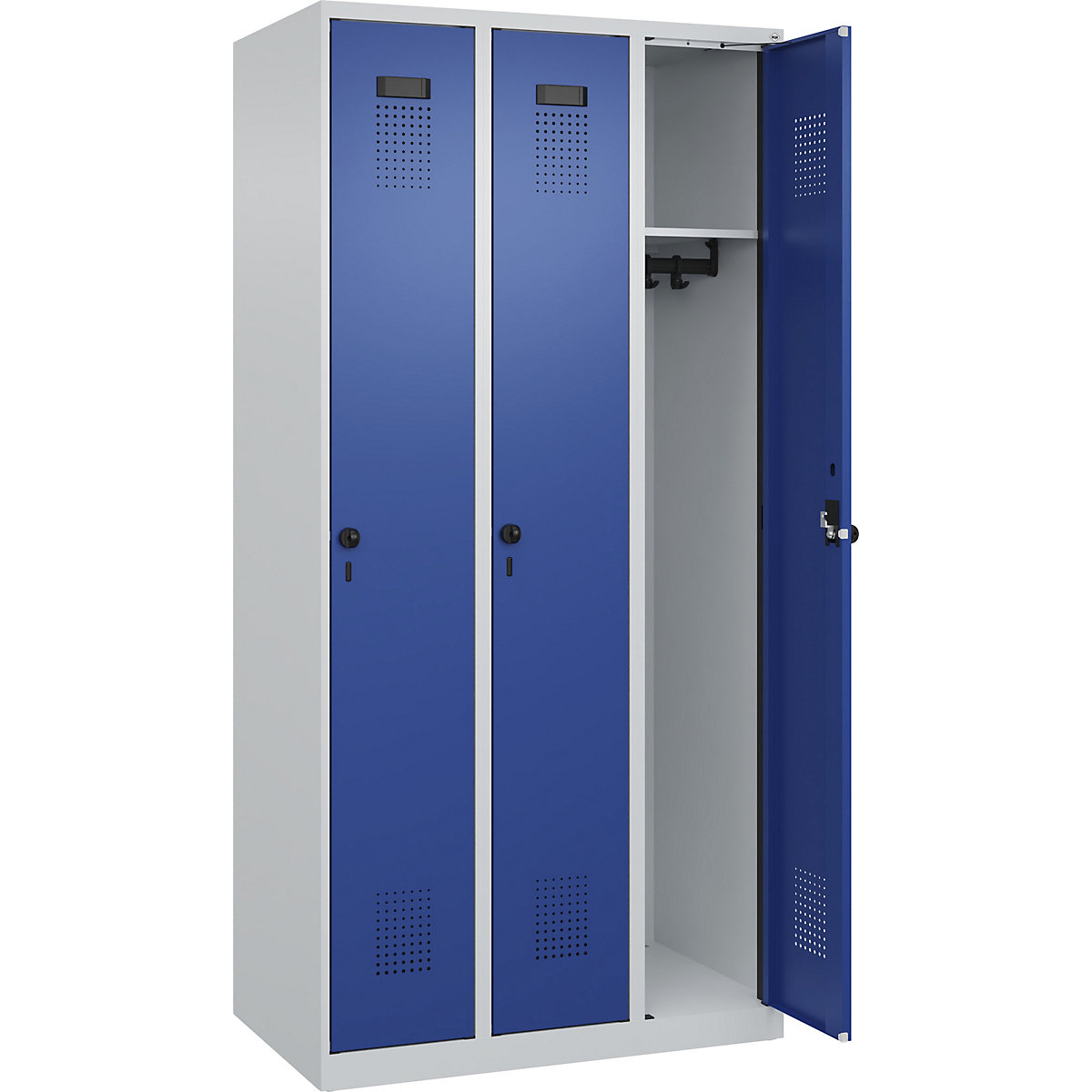 Armadietto Evolo PLUS – C+P, 3 scomparti, grigio chiaro / blu genziana, largh. 900 mm, con piedini a pavimento, serratura girevole-0
