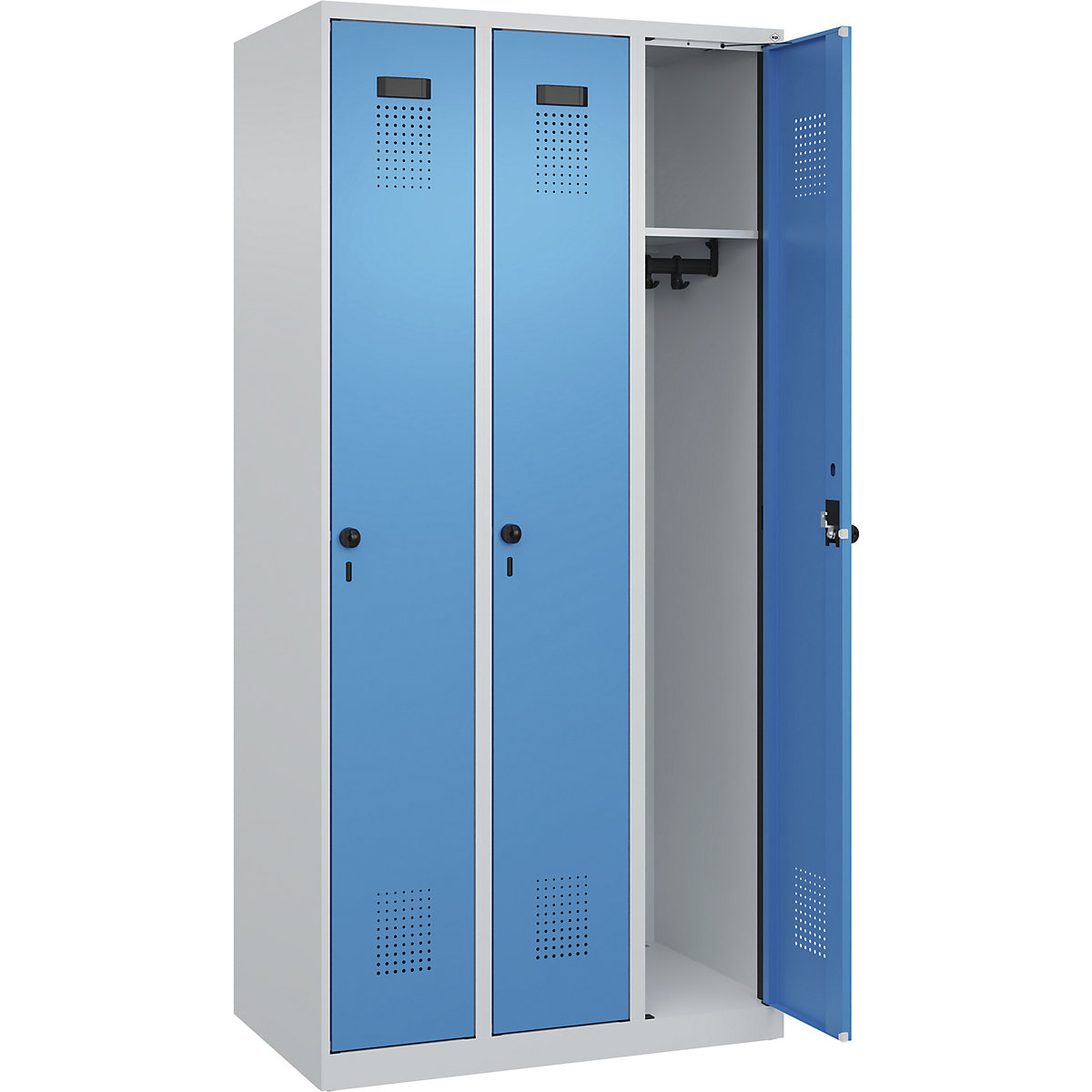 Armadietto Evolo PLUS – C+P, 3 scomparti, grigio chiaro / blu chiaro, largh. 900 mm, con piedini a pavimento, serratura girevole-0