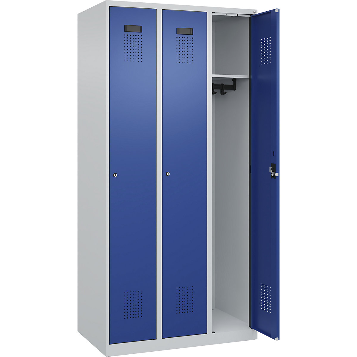 Armadietto Evolo PLUS – C+P, 3 scomparti, grigio chiaro / blu genziana, largh. 900 mm, con piedini a pavimento, serratura a cilindro-0