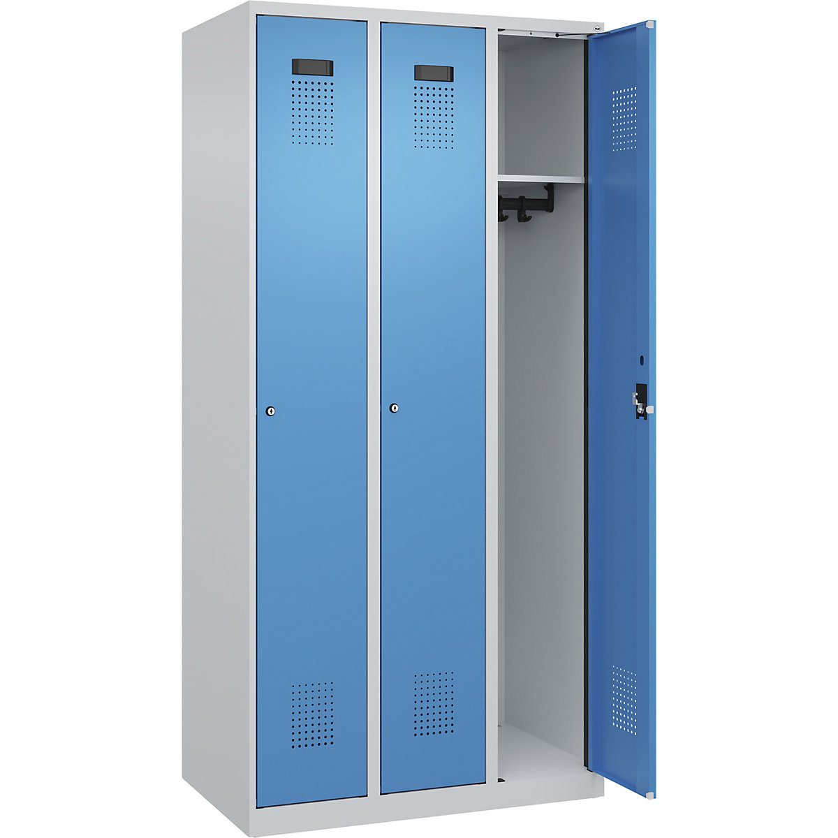 Armadietto Evolo PLUS – C+P, 3 scomparti, grigio chiaro / blu chiaro, largh. 900 mm, con piedini a pavimento, serratura a cilindro-0